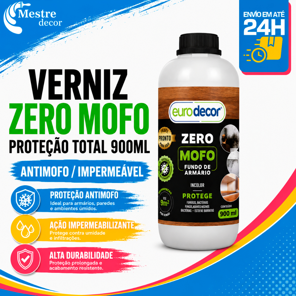 Kit 02 Verniz Zero Mofo Eurodecor 900ml Antimofo Impermeável Parede Armário Banheiro Proteção Total
