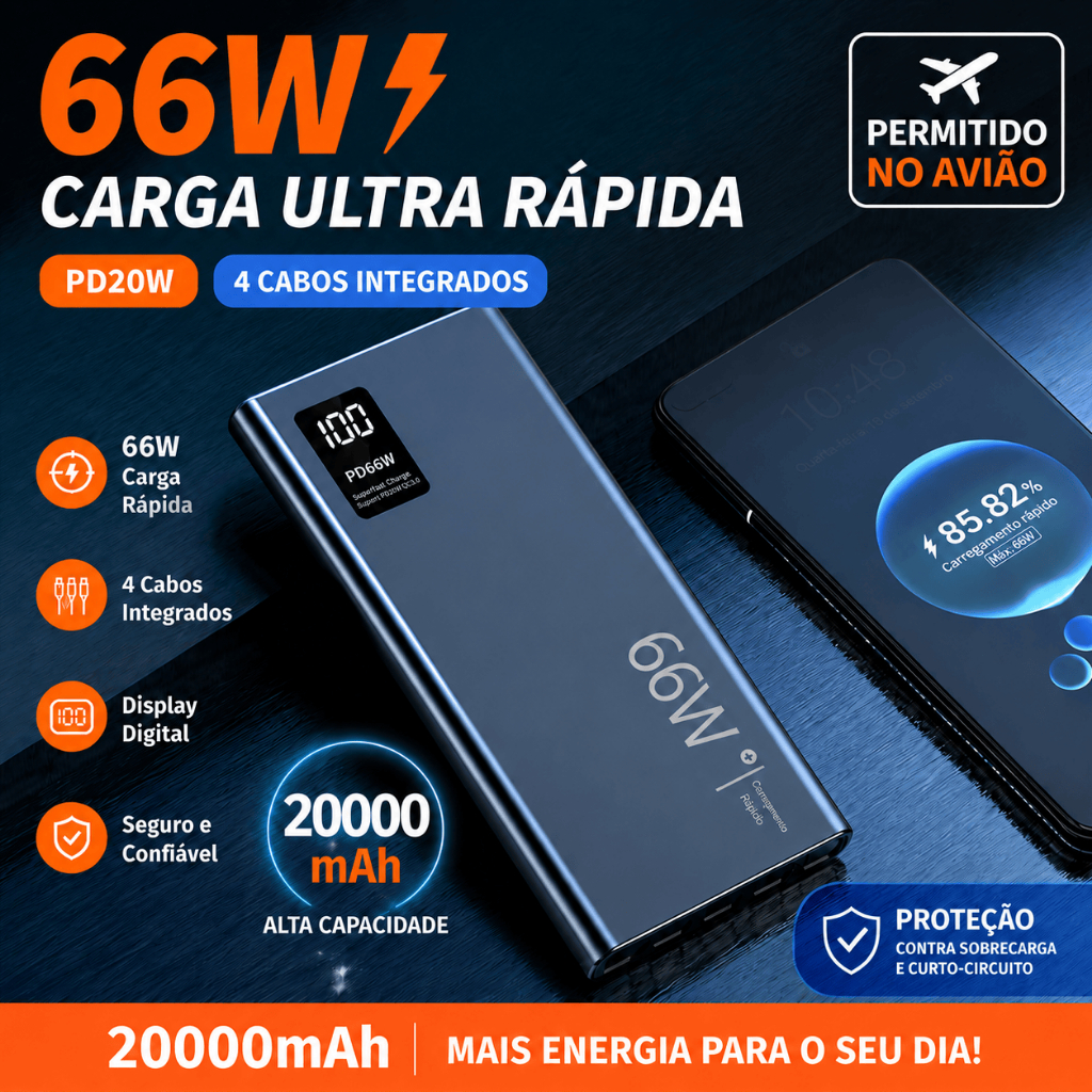 Power Bank 20000mAh Turbo 22.5W 4 Tipos Bateria Portátil Compatível iPhone/Android Carregador De Celular Portátil