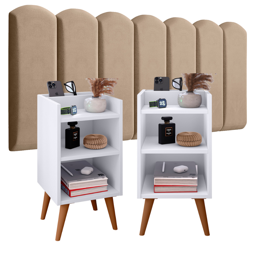 Conjunto Completo Quarto com 2 UN Mesa de Cabeceira + Kit Módulos Cabeceira Estofada Adesiva para Box Solteiro a King