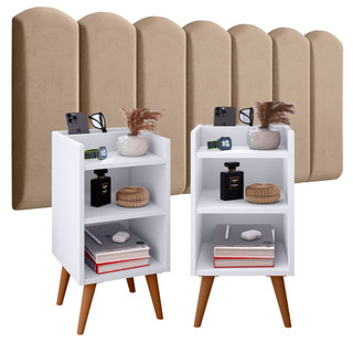 Conjunto Completo Quarto com 2 UN Mesa de Cabeceira + Kit Módulos Cabeceira Estofada Adesiva para Box Solteiro a King