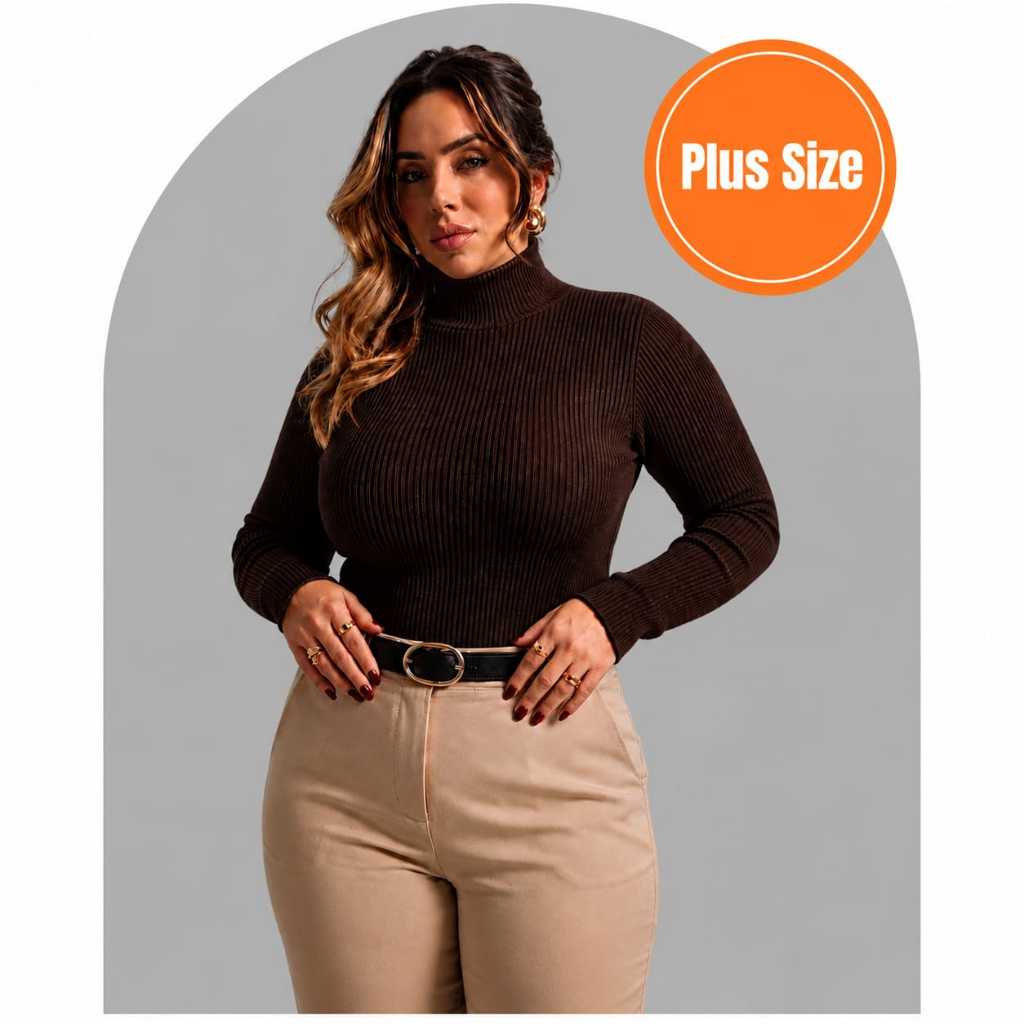 Blusa Feminina Cacharrel Plus Size Gola Alta Malha Canelada Manga Longa Basica Premium Segunda Pele Inverno Frio