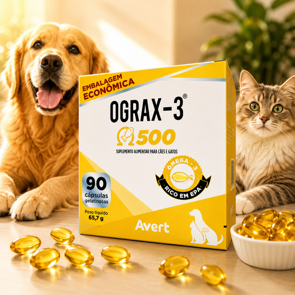 Ograx 3 500mg 90 Cápsulas Ômega 3 Cães Gatos EPA DHA Pele Pelo Articulações Óleo De Peixe Avert