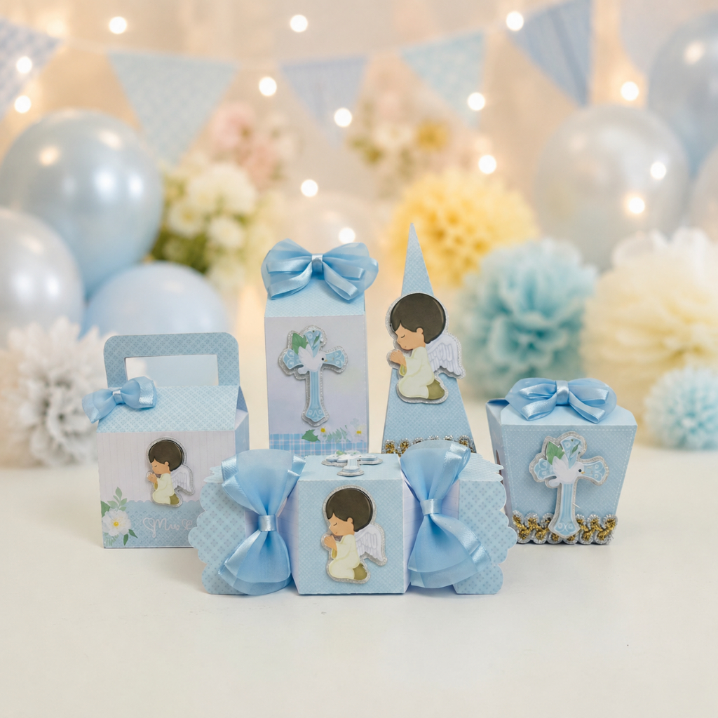 Kit Festa Batizado Menino Lembrancinhas Personalizadas Caixinhas Para Doces Batismo Anjinho Azul Delicado