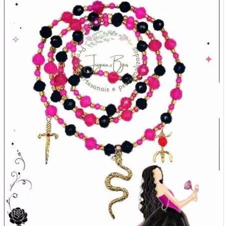 Guia de miçangas com cristal para Pombagira Menina/ Menina do cabaré preto, pink e dourada