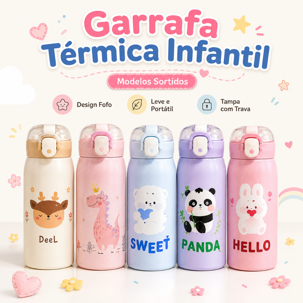 KIT Garrafa Térmica Infantil  Gatinho Tampa com Trava Aço Inox Mantém Quente e Frio Escolar MB-259