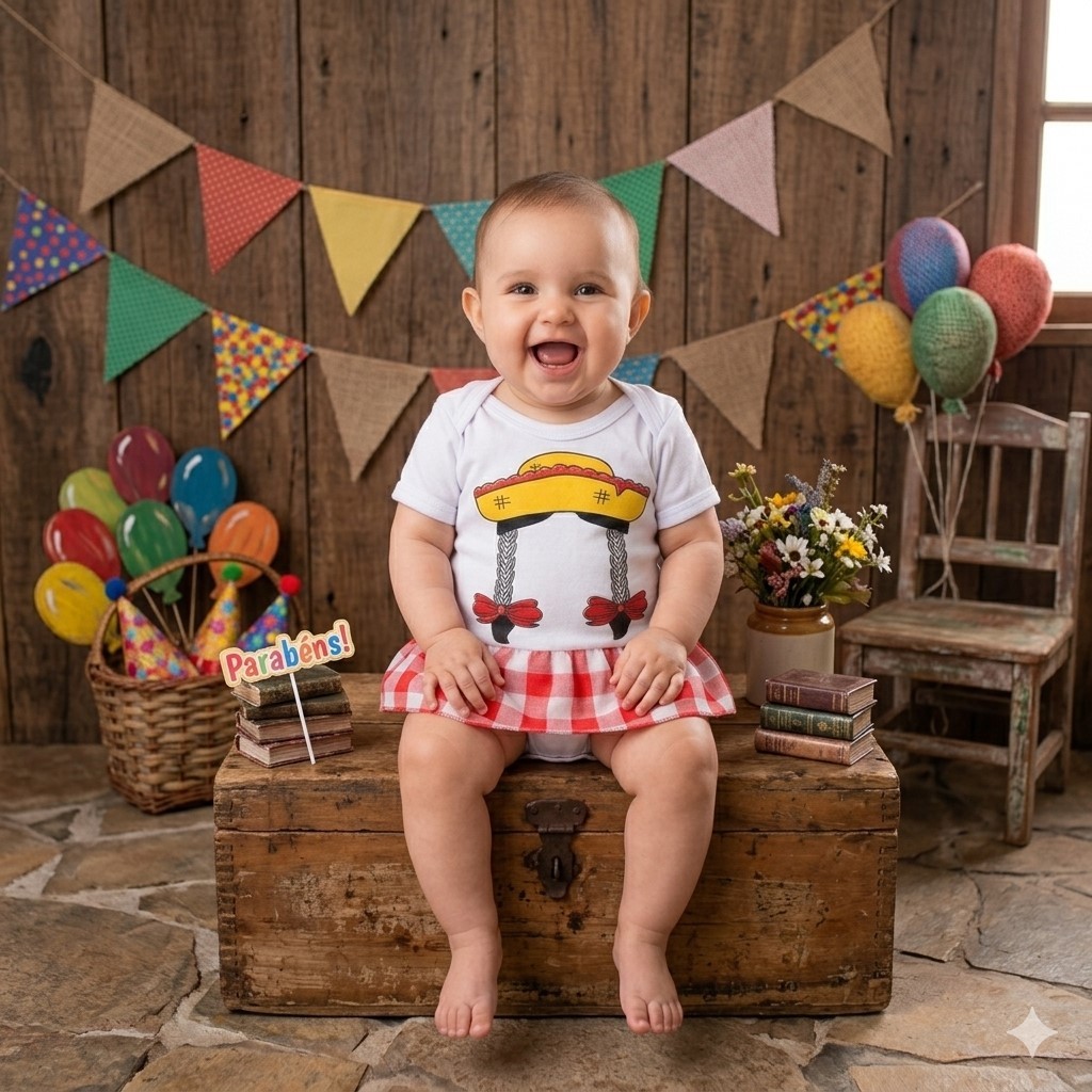 Body Bebê Menina Festa Junina com Saia Xadrez Vermelha Roupa Caipira Infantil Delicada Premium