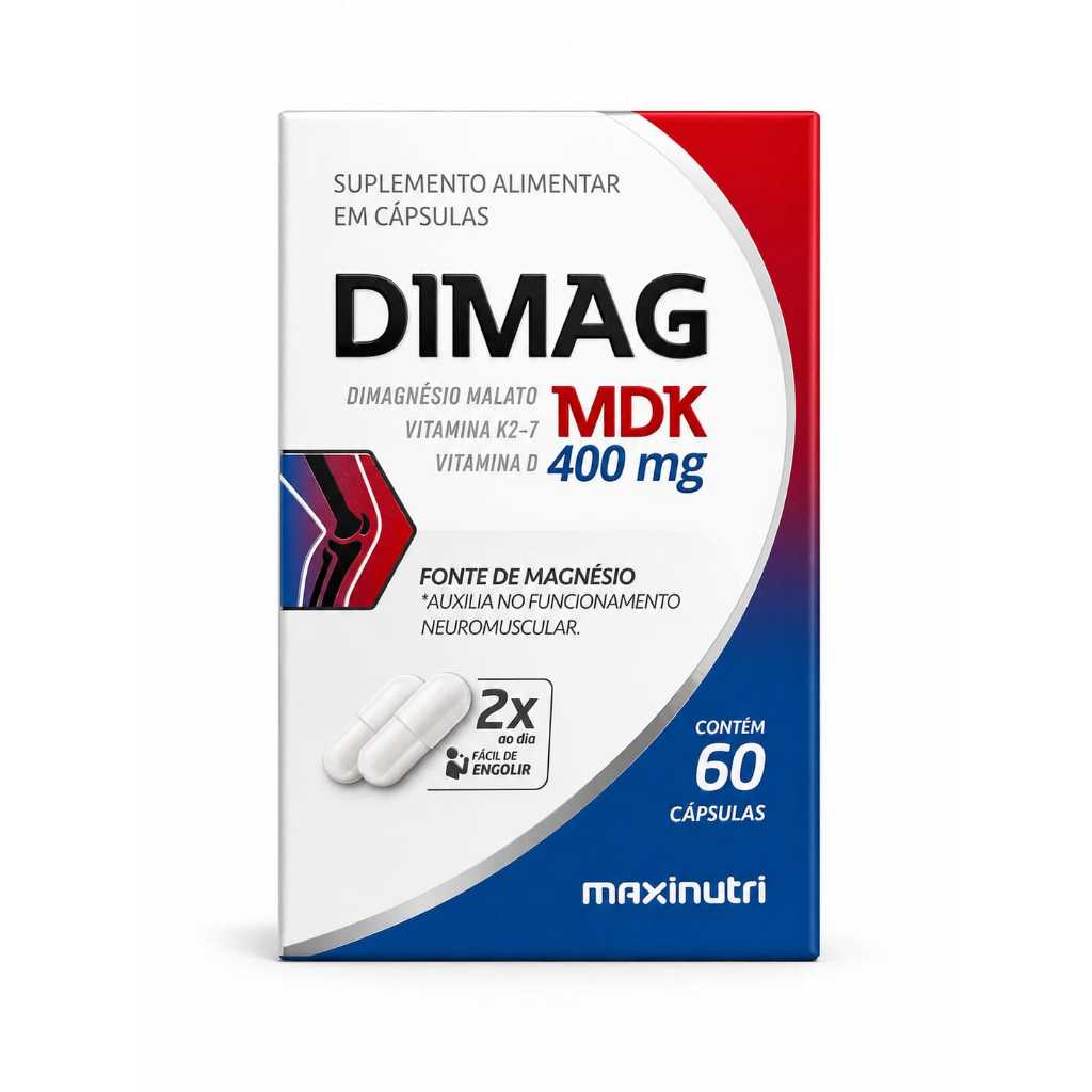 Suplemento Dimag MDK Maxinutri 400mg Magnésio Dimalato Vitamina K2 e D 60 Cápsulas Articulações Ossos e Músculos
