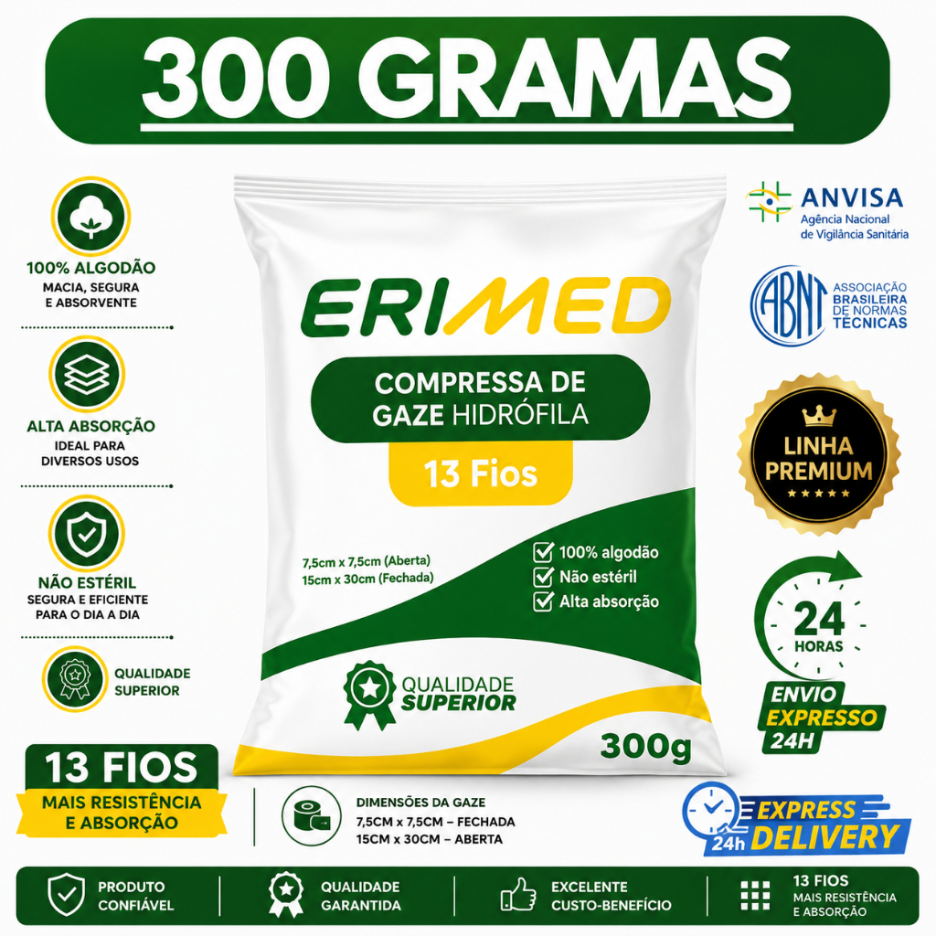 Compressa De Gaze 13 Fios 500 Unidades Hidrófila Gazes Descartável Anvisa 300 Gramas Erimed ErimaX