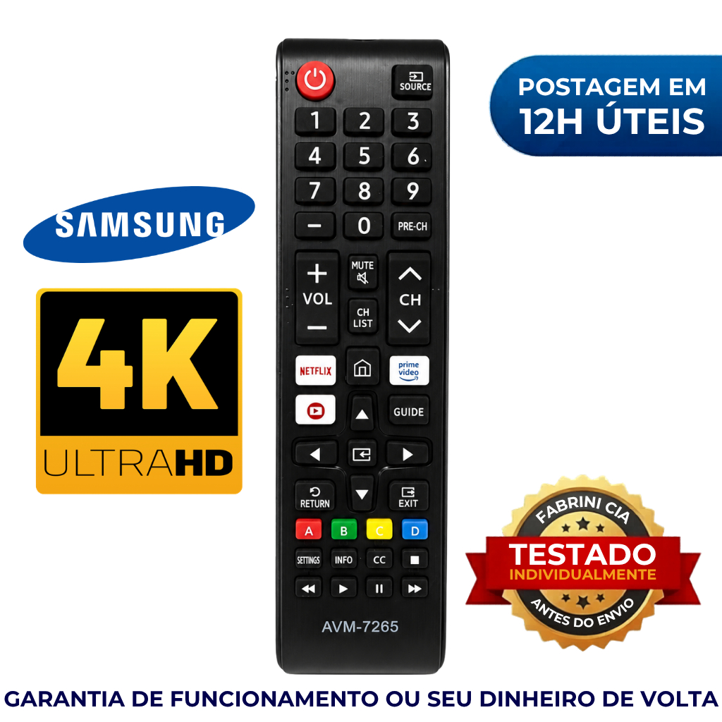 Controle Remoto Compatível Samsung Smart TV 4K AVM-7265 Netflix Prime YouTube Teclado Numérico Pronto Uso