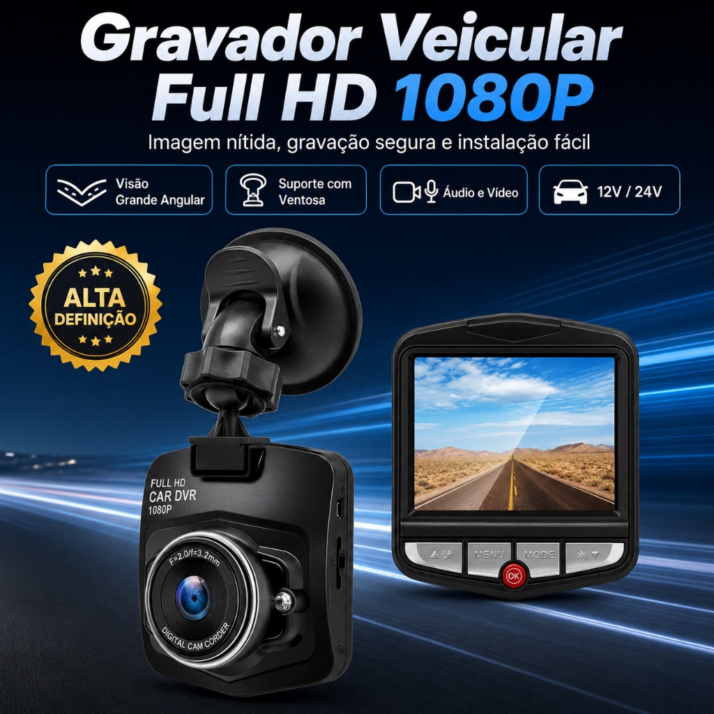 Câmera Filmadora Automotiva Dashcam 1080P Full HD Visão Noturna Carro Caminhão 12V 24V Su…