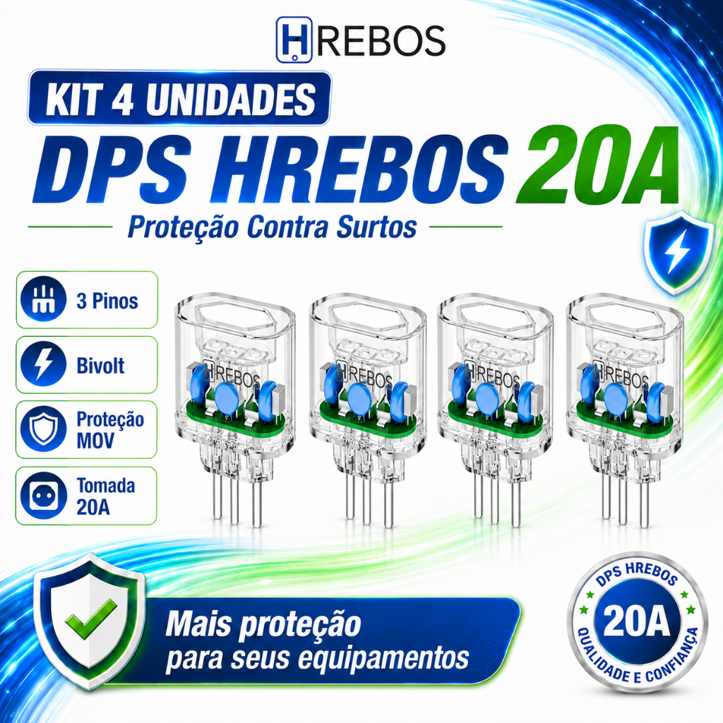 KIT 4 pçs Protetor Tomada DPS Anti Surto Elétrico Contra Raio Bivolt 20A 3 Pinos Grosso