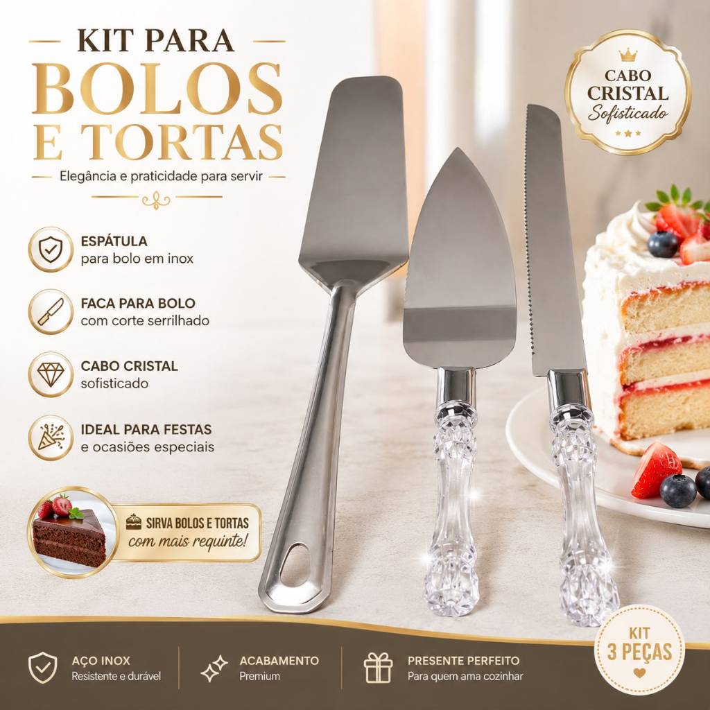 Kit Bolo 2 Espátulas + 1 Faca de Corte para Bolo Inox Cabo Cristal Personalizado Moderno Belissimo