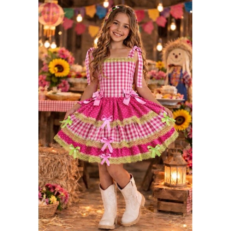 Vestido Infantil Junino Arraiá Xadrez Colorido Vestido Para festa Junina