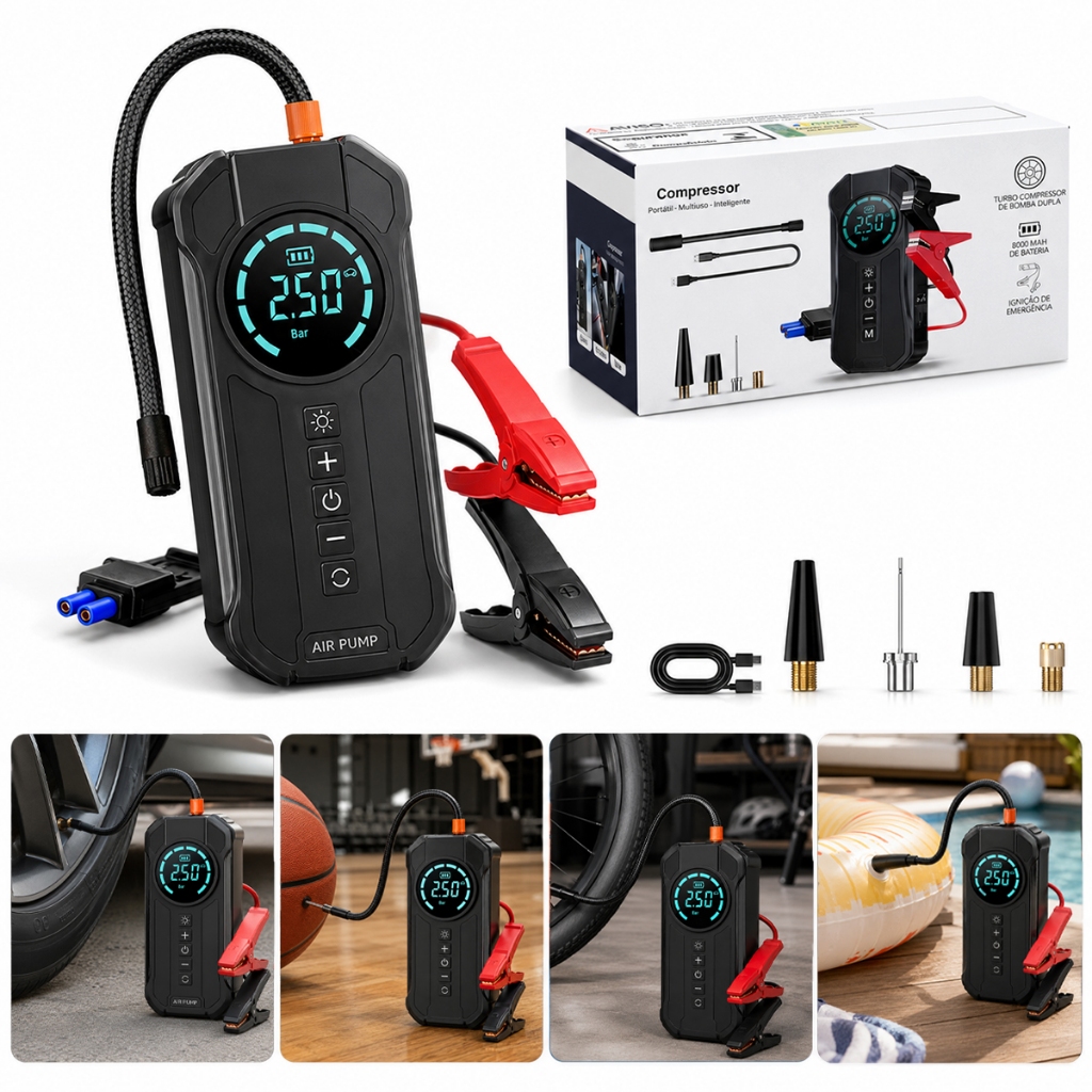 Bomba de Ar Portátil Compressor Multiuso 4 em 1 Power Bank 8000mAh Inflador 12V para Carro Moto Bicicleta Pneus Digital