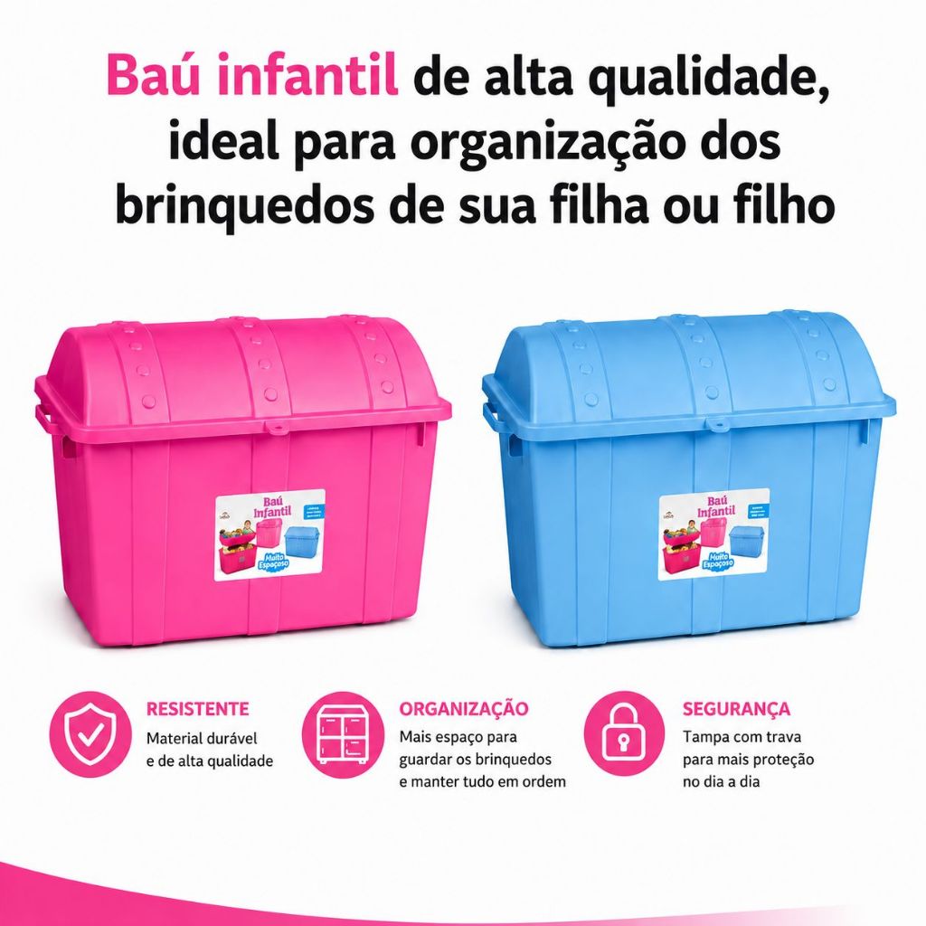 Baú Infantil Rosa 43 Litros de Menina Com Tampa Baú de Brinquedos 52x37x31 Caixa Organizadora