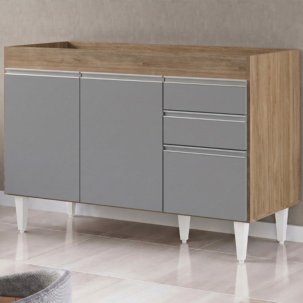Balcão Gabinete Para Pia 120cm sem Tampo 3 Portas 2 Gavetas Michigan Castanho/Ci