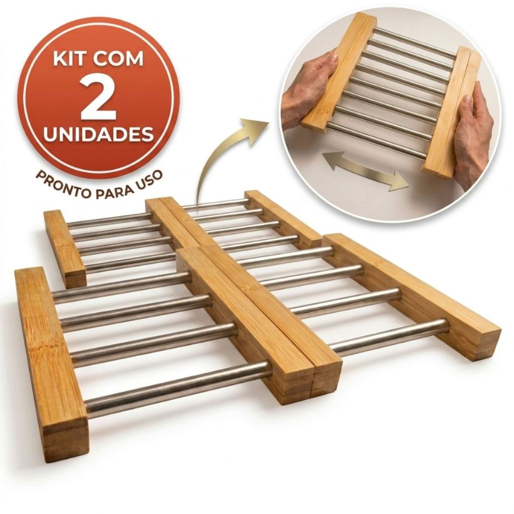 Kit 2 Descansos De Panela Retrátil Inox E Madeira Extensível Wincy  Mesa Posta