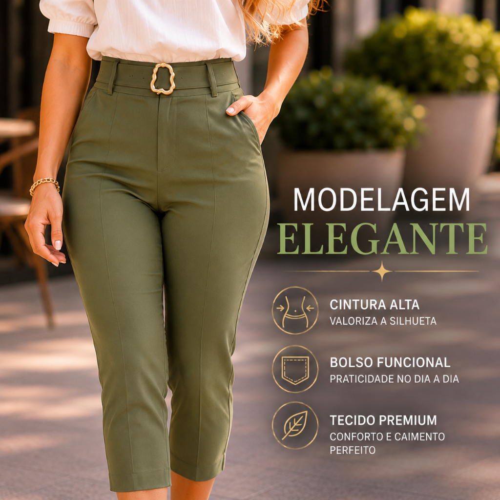 CALÇA FEMININA CAPRI CINTURA ALTA | ALFAIATARIA SOCIAL COM BOLSO | LOOK EXECUTIVO
