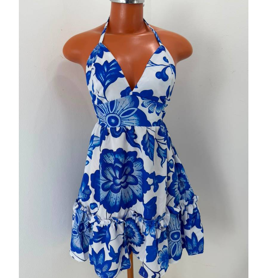 Vestido Feminino Curto Floral Azul e Branco – Leve, Elegante e Perfeito para o Verão!