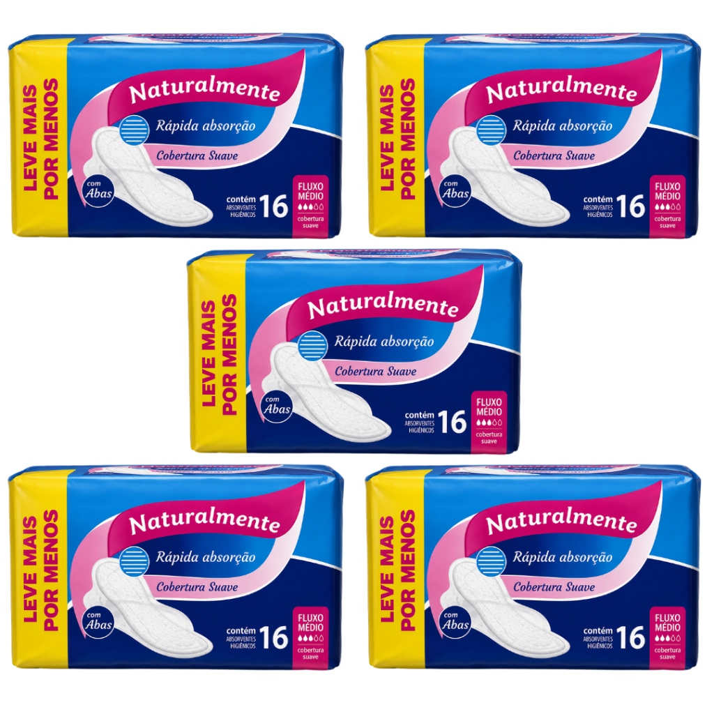 Absorventes Naturalmente Max Com Abas KIT 5 Pacotes com 16Un Cada Total 80Un Absorção Suave
