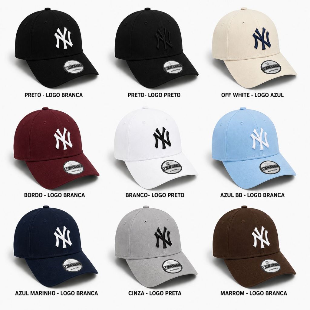Boné NY Bordado Aba Curva Unissex Ajustável Estilo Streetwear Casual Várias Cores