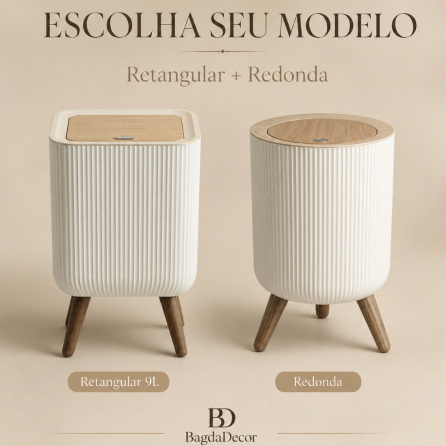 Lixeira De Plástico 9/8 Litros Branca Com Pés De Bambu Com Tampa Click De Pressão Cozinha Banheiro
