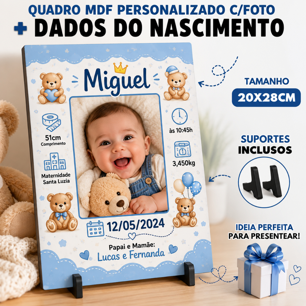 Quadro Personalizado Bebê com Foto e Dados Nascimento MDF 20x28cm | Presente Maternidade - ENVIO RÁPIDO