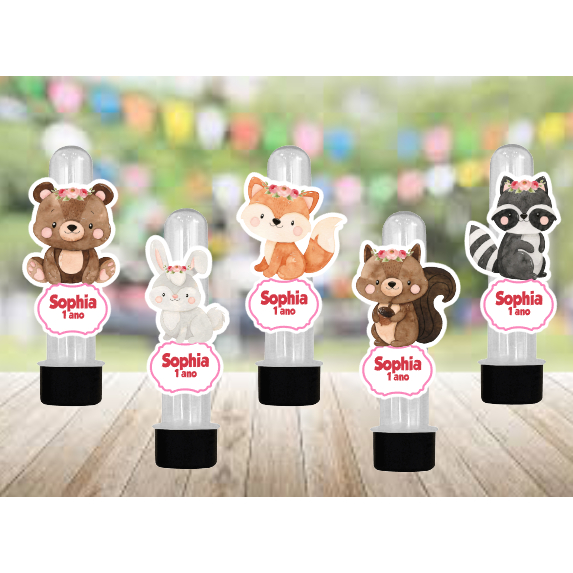 Apliques para tubetes BOSQUE MENINA - Lembrancinha para festas infantis - Apliques personalizados com NOME E IDADE