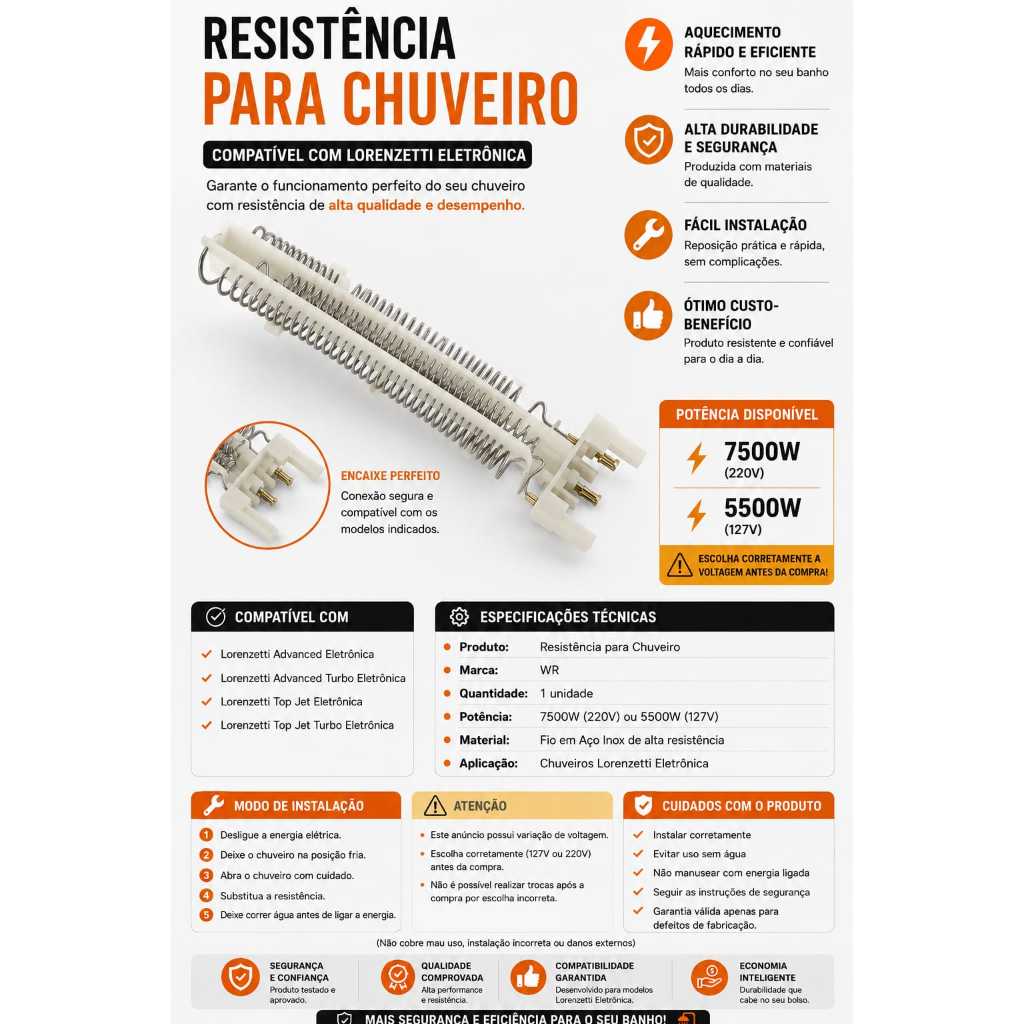 Resistência elétrica para Chuveiro Lorenztti 220V(7500W)–Modelos: Advanced, Advanced Turbo, Top Jet — imagem 2 de 2