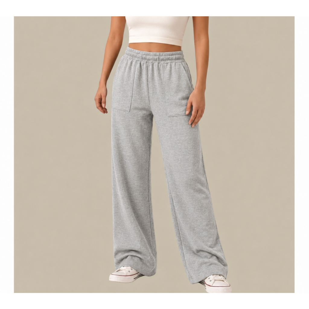 Calça Pantalona Wide Leg Feminina Cintura Alta Elástico Bolso Lateral Moletinho Básica Confortável