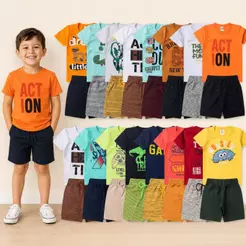 Kit Sortido 2 Peças de Roupas Infantil Menino- 1 Camiseta + 2 Bermuda2 - 1 Conjuntos de Roupa Verão Masculino
