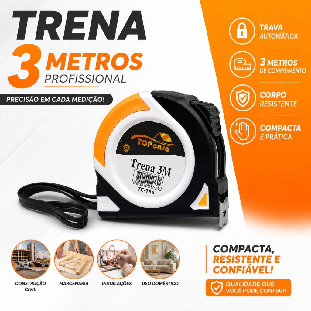 Trena 3 Metros Profissional com Trava Automática Fita Métrica Compacta e Resistente