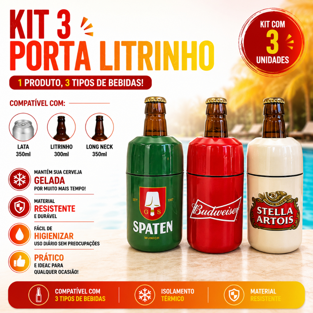 3 Porta Lata Long Neck 3X1 350ml Suporte Cerveja Térmico Litrinho Térmico Romarinho