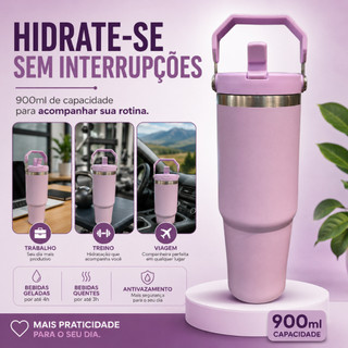 Garrafa Térmica 900ml Com Canudo e Alça Inox Parede Dupla Antivazamento Lilás