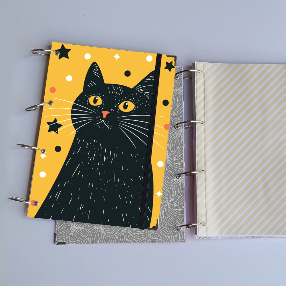 Caderno Argolado Gato Solar Místico com Estrelas (Capa e Argolas) Universitário Colegial A5 Fichário