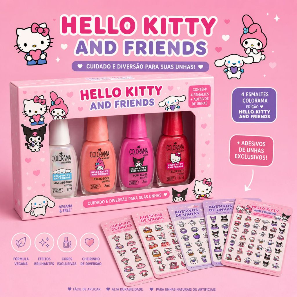 Box Kit Esmaltes Colorama Hello Kitty and Friends Nova Coleção Efeito Pó Cromado Furta-Cor Adesivos