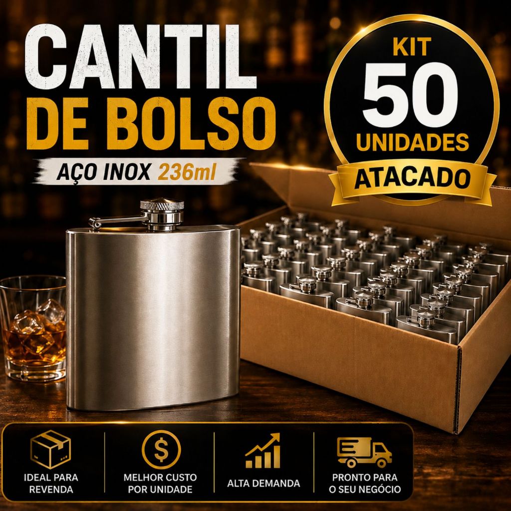 50 Cantil Porta Bebida 236ml Aço Inox Whiskeira 8Oz