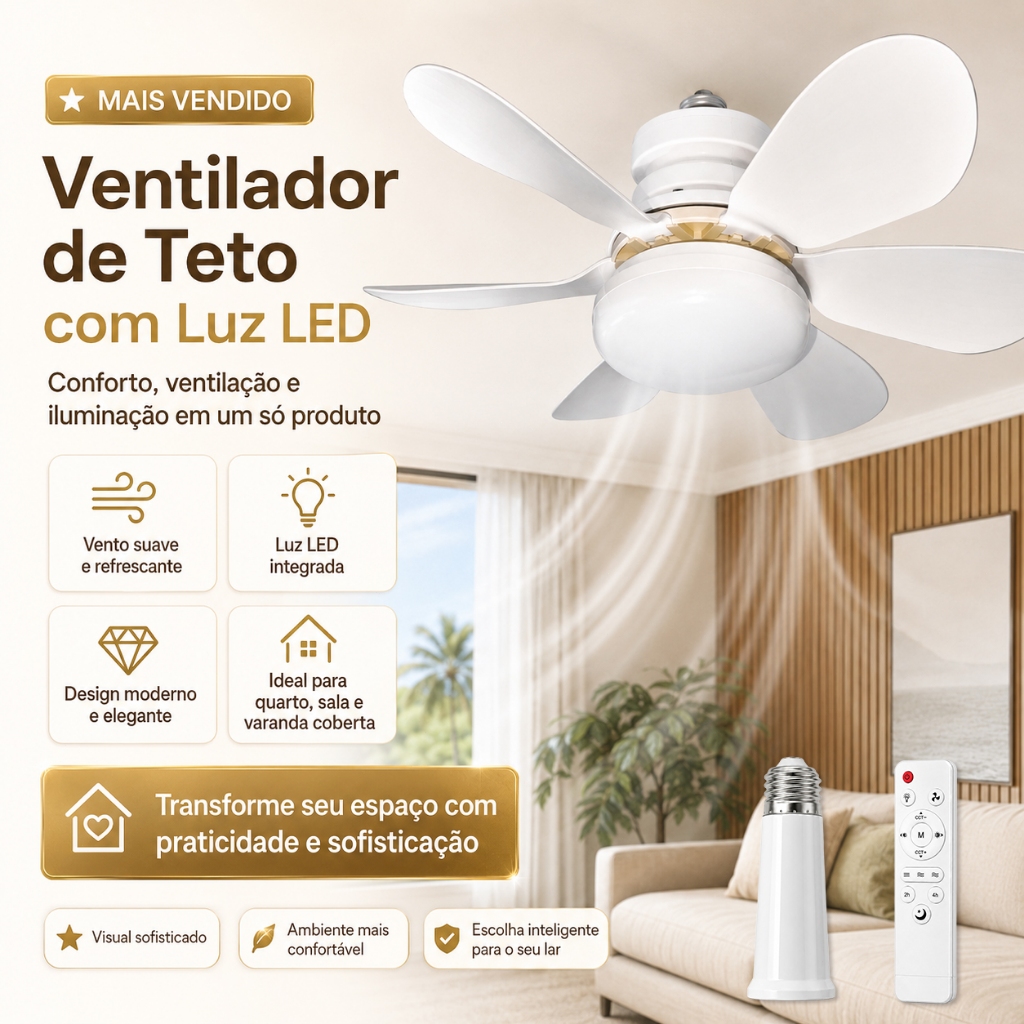 Imagem Ventilador 60w/80w de Teto Silencioso LED 3 Cores Bulbo 12w com Controle Bivolt 6 Pás Branco Potente