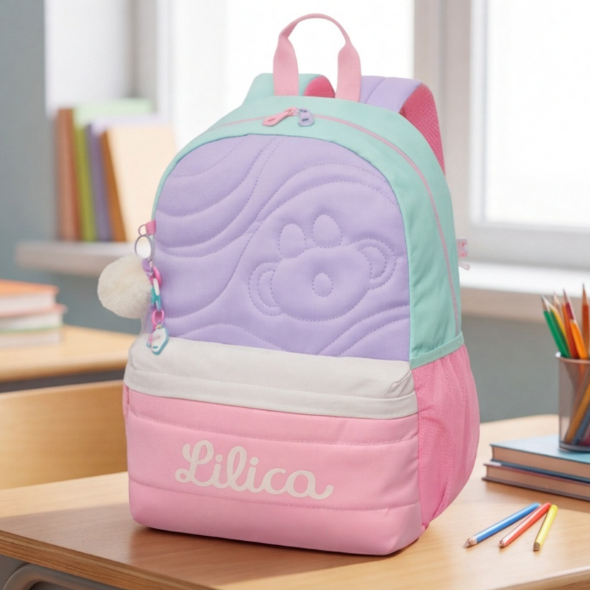 Mochila Costas Escolar Infantil Lilica Ripilica Feminina Rosa Lilás Com Pompom Alças Confortáveis