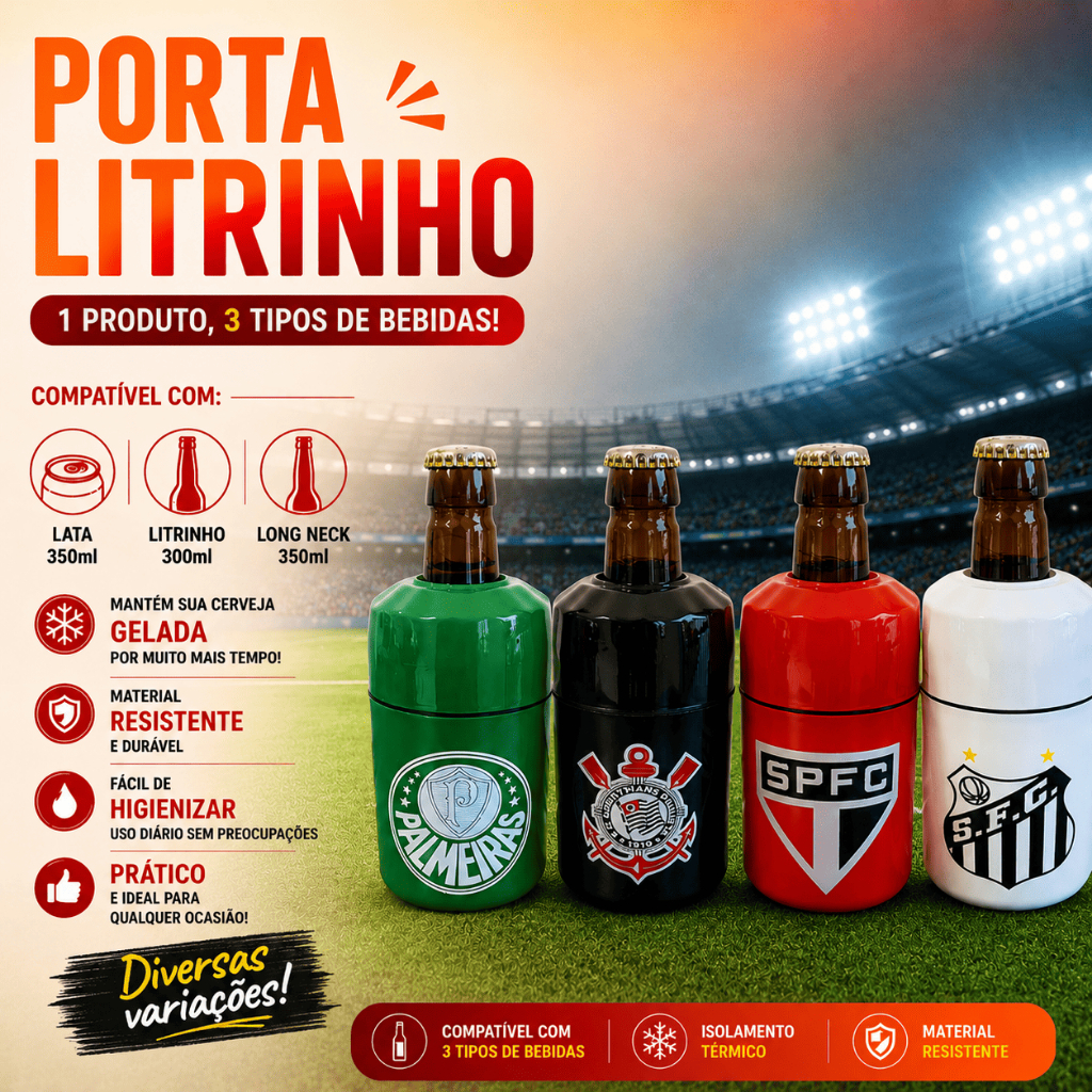 Porta Litrinho 300ml Lata 350ml e Long Neck Suporte Térmico Personalizados Time Futebol