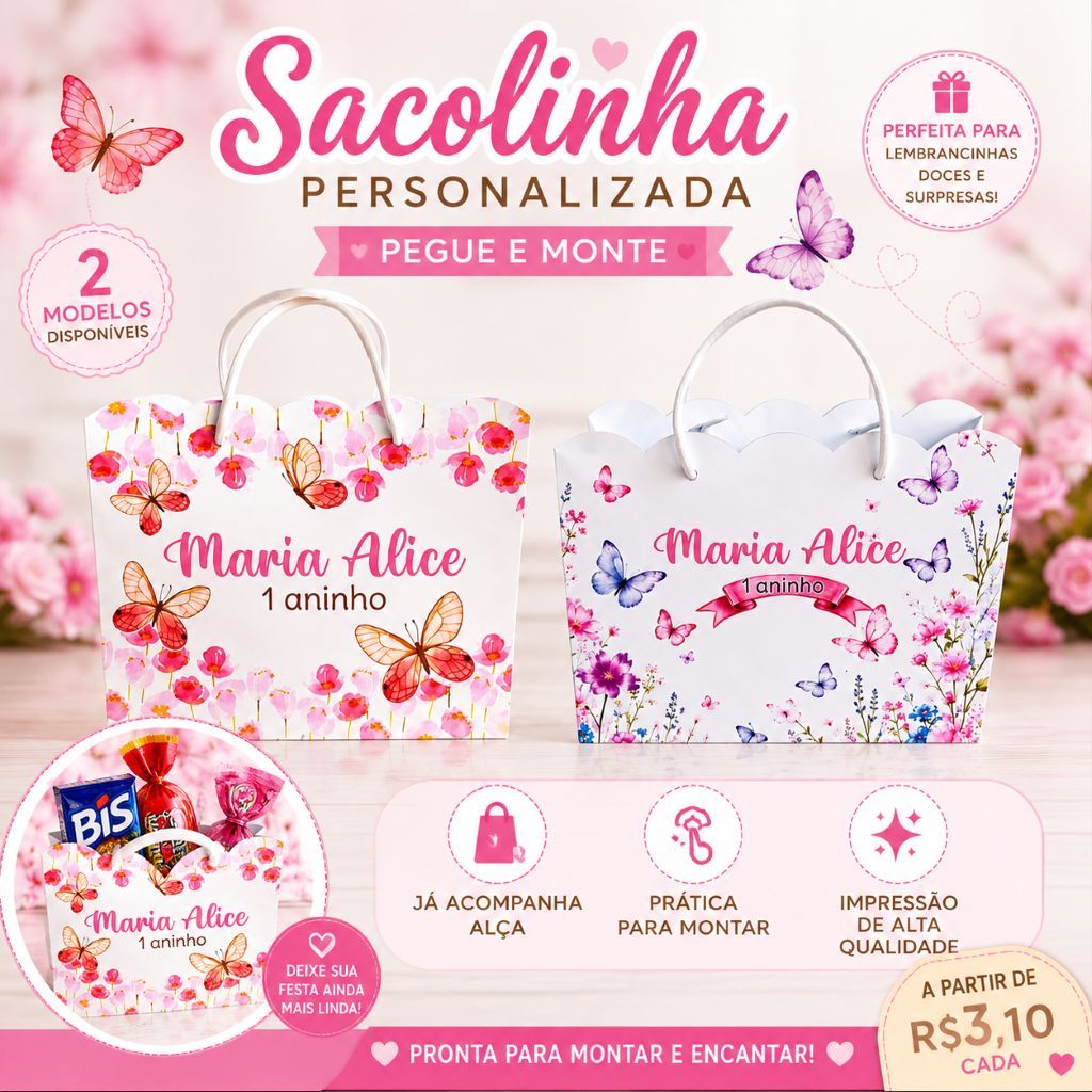 Sacolinha Personalizada Jardim Encantado Borboletas Lembrancinha Festa Infantil