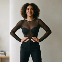 Bori de Tule Manga Longa Body Transparente Elegante Sexy Bore Sensual