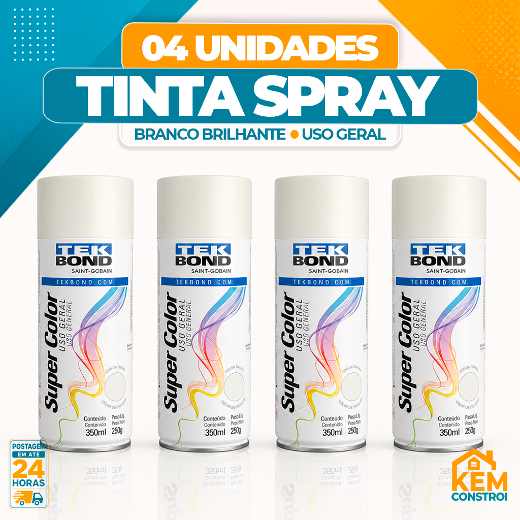 Kit 4 Tinta Spray Tekbond Branco Brilhante 350ml Uso Geral Alta Cobertura Secagem Rapida