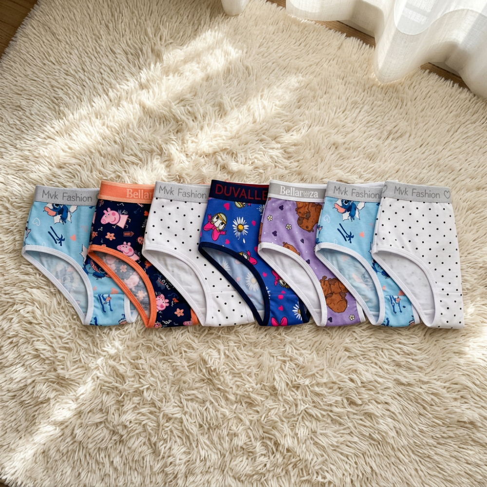 Kit 7 Calcinhas Elástico Exposto Infantil Estampadas Menina Moça Personagens Juvenil 8 a 13 anos