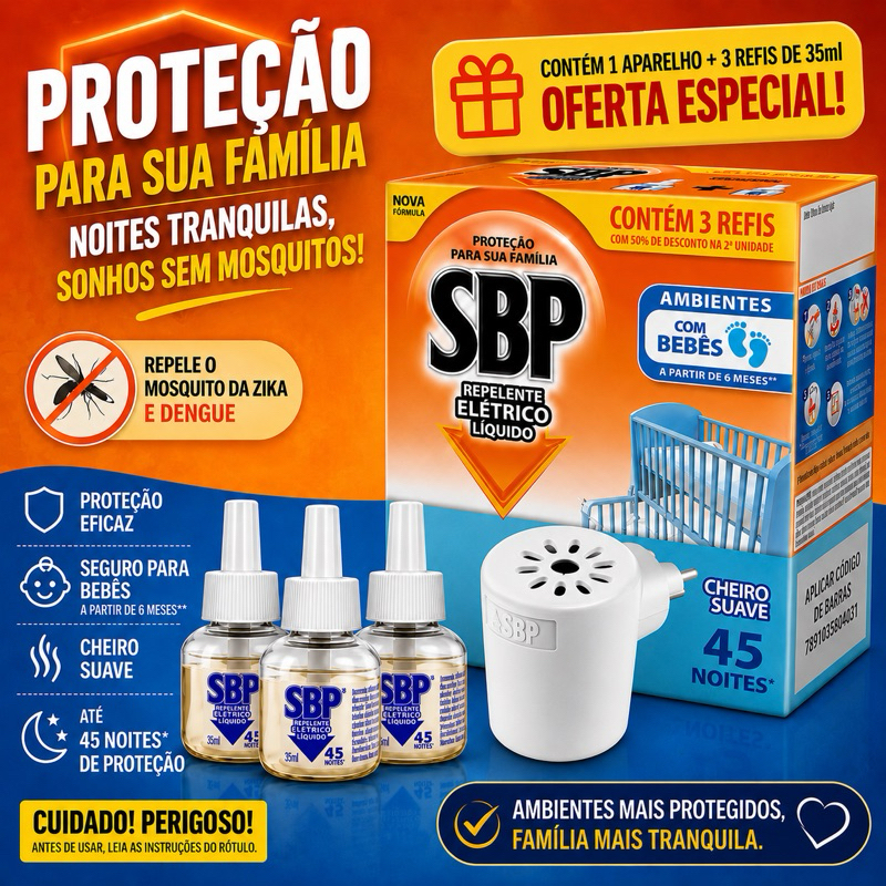 Repelente Elétrico SBP Cheiro Suave Kit 1 aparelho + 3 refis 35ml
