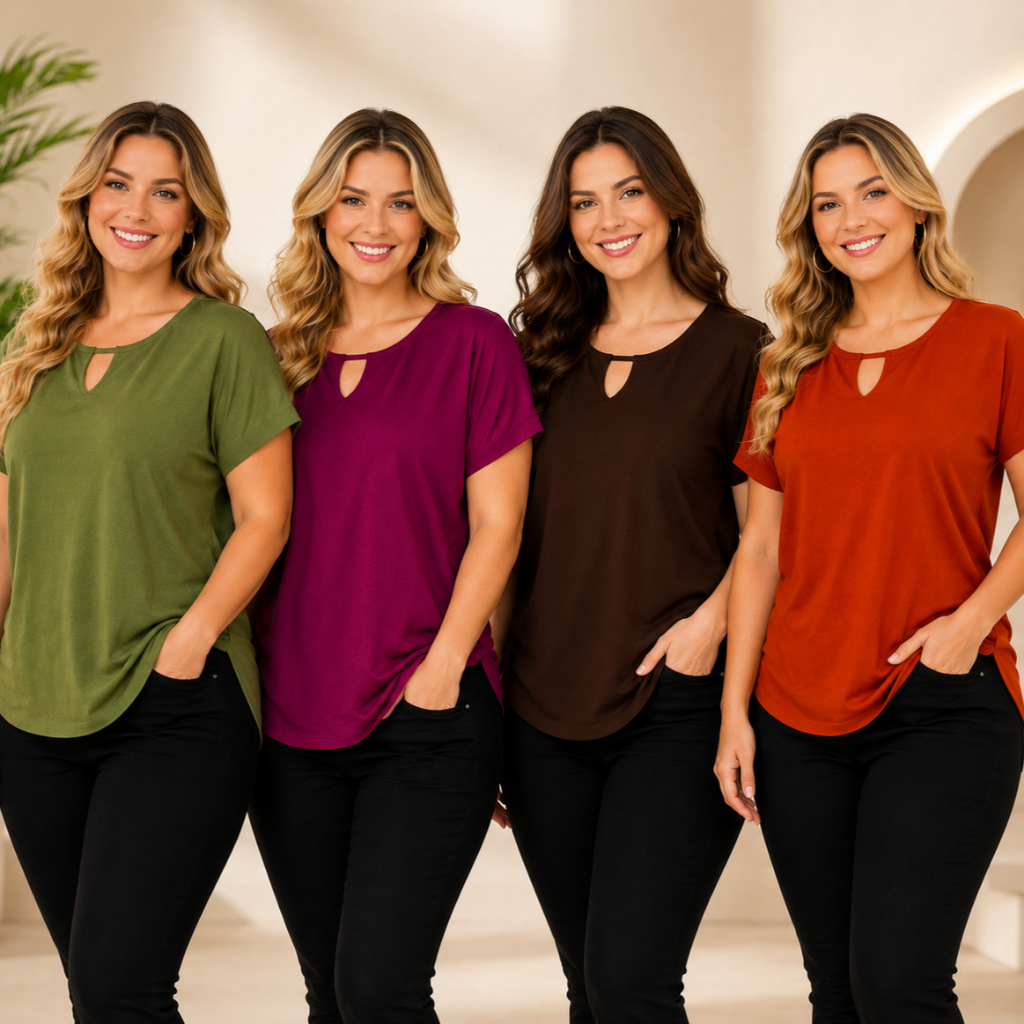 Kit 2 Blusas Femininas com Decote Gota e Manga Curta — imagem 2 de 2