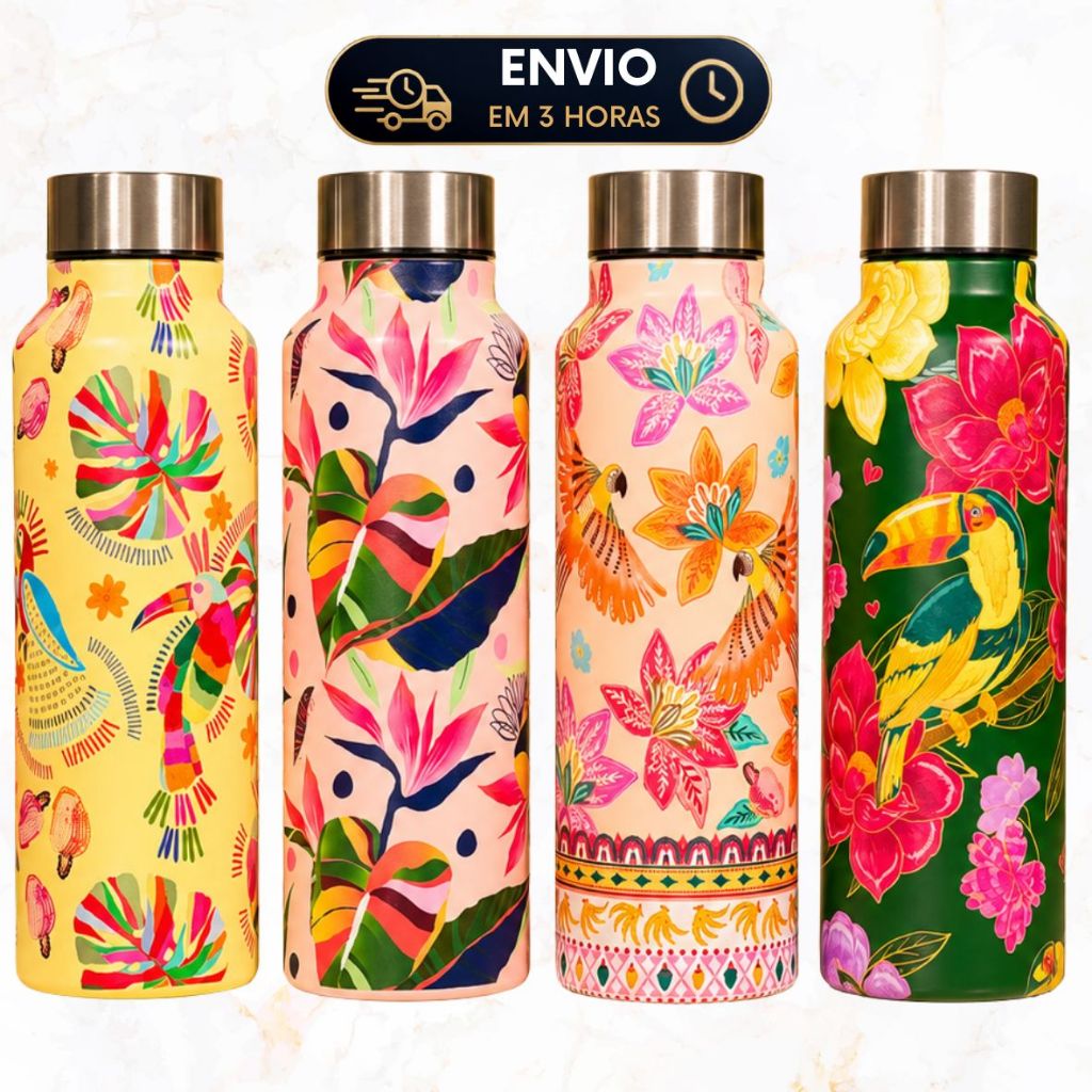 Garrafa de Água Aço Inox Estampada Tropical 800ml Estilo Farm