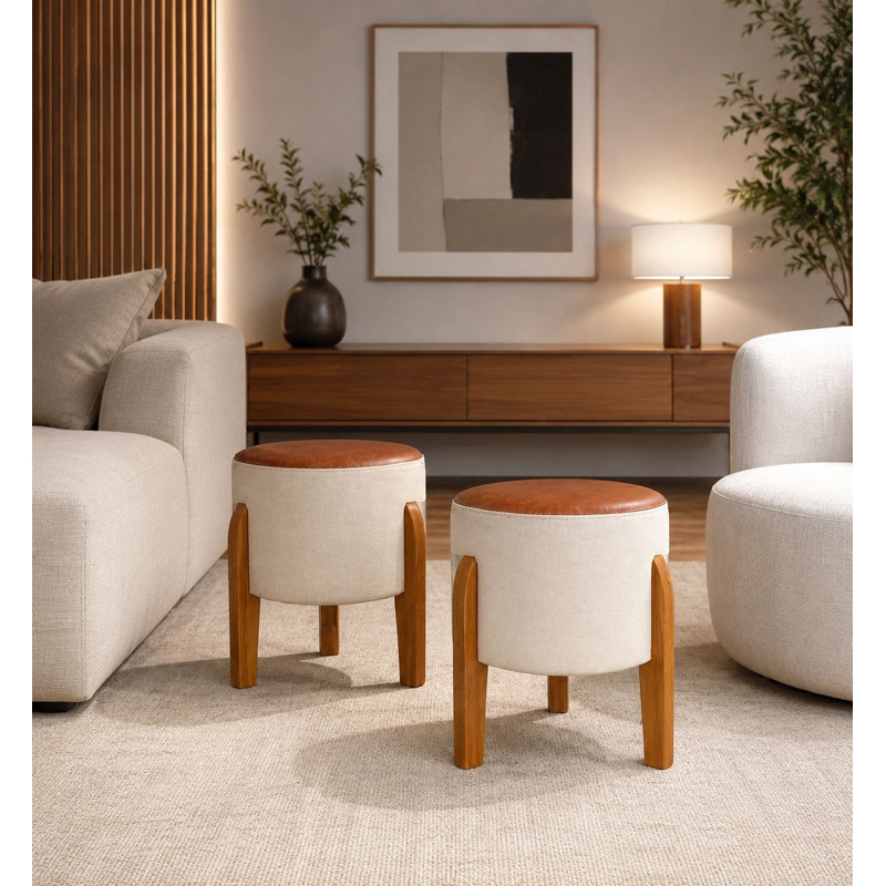 Kit 2 Puff Decorativo Premium Couro e Linho com Pés em Madeira Maciça | Sala e Quarto