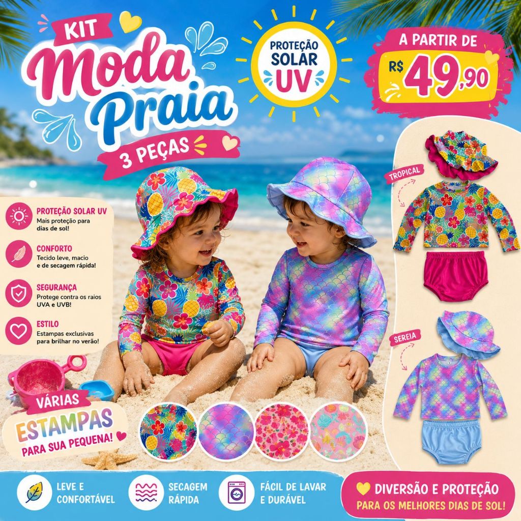kit Bebê Blusa com Proteção Solar UV+Tapa Fralda(Calcinha do biquini) e+Chapéu- Moda Praia e Piscina Menina M ao 3