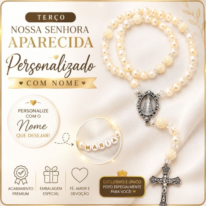 Terço Nossa Senhora Aparecida Perola Personalizado NOME Artesanal Católico Religioso Presente